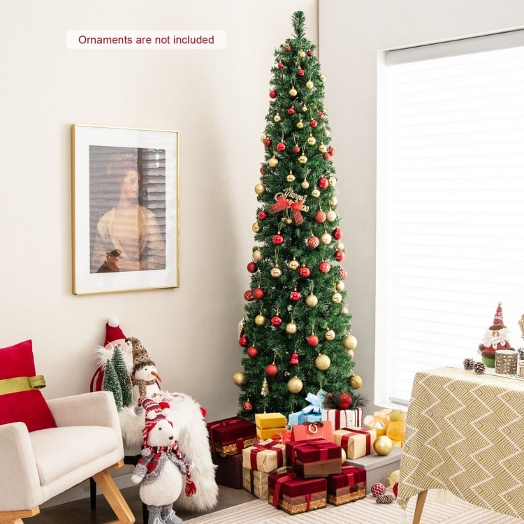 8 FT Pre-Lit Christmas Pencil Tree with Colorful Fiber Optics Green