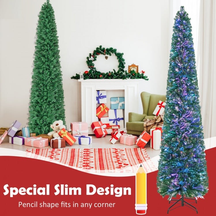 8 FT Pre-Lit Christmas Pencil Tree with Colorful Fiber Optics Green