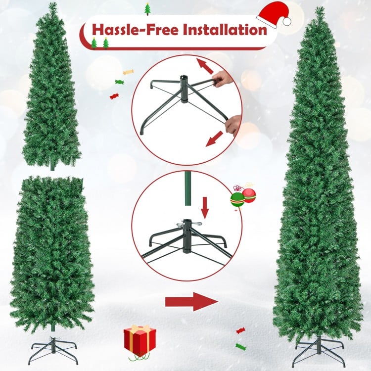 8 FT Pre-Lit Christmas Pencil Tree with Colorful Fiber Optics Green