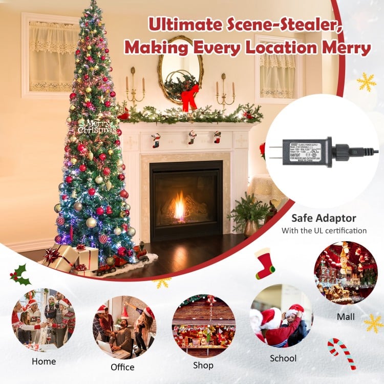 8 FT Pre-Lit Christmas Pencil Tree with Colorful Fiber Optics Green