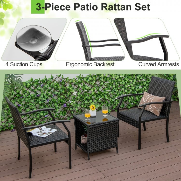 3 Piece Patio Wicker Chair Set with Quick Dry Foam Cushions All Weather