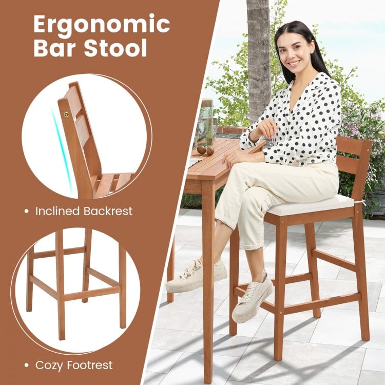 Set of 2 Outdoor Wood Barstools with Soft Seat Cushion-Off White