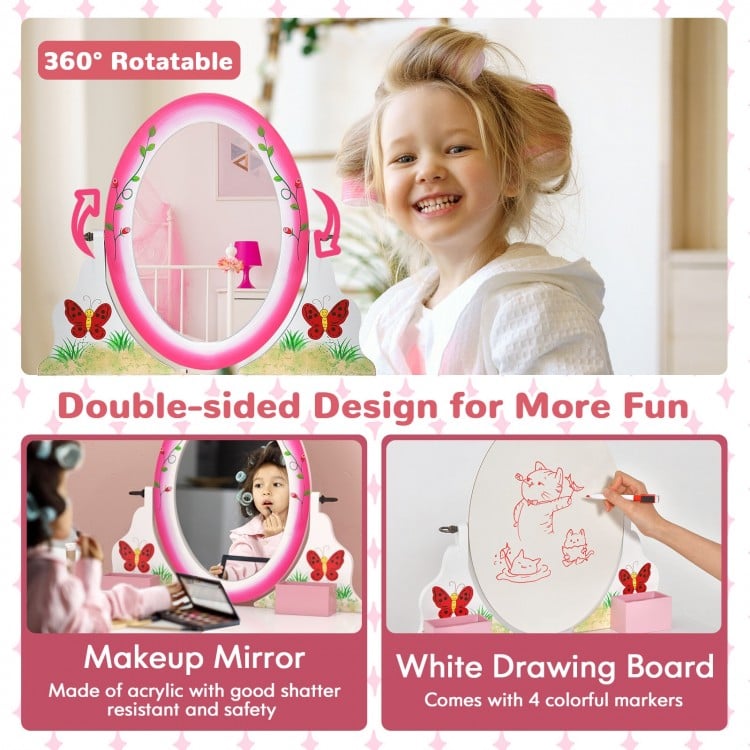 Kids Vanity Table and Stool Set with 360° Rotating Mirror and Whiteboard-Pink