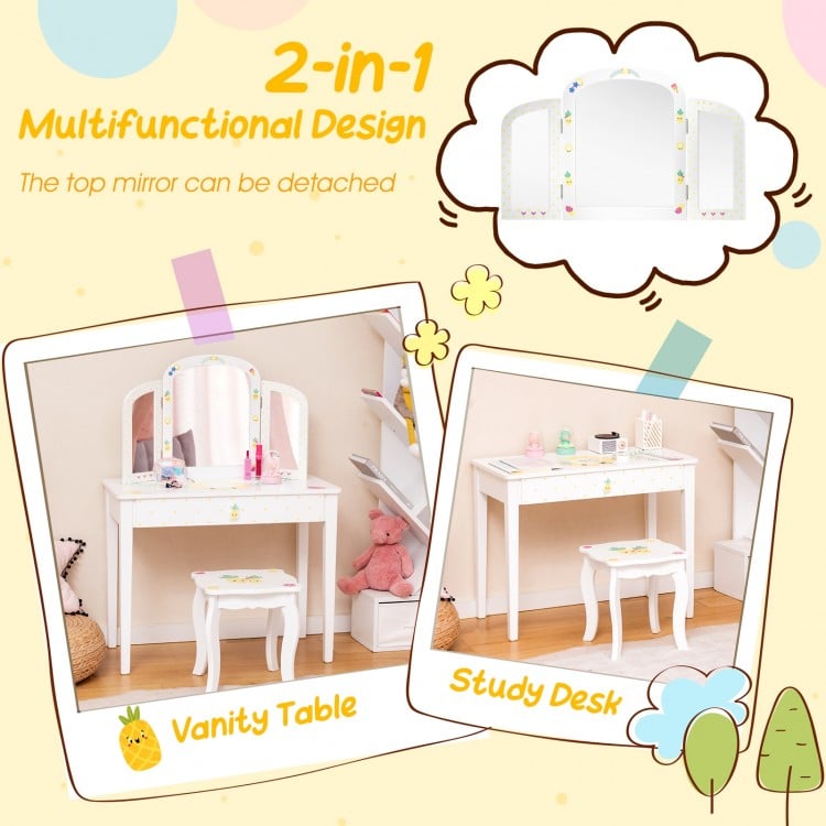 Kids Vanity Table Set with Tri-Folding Mirror and Large Drawer-White