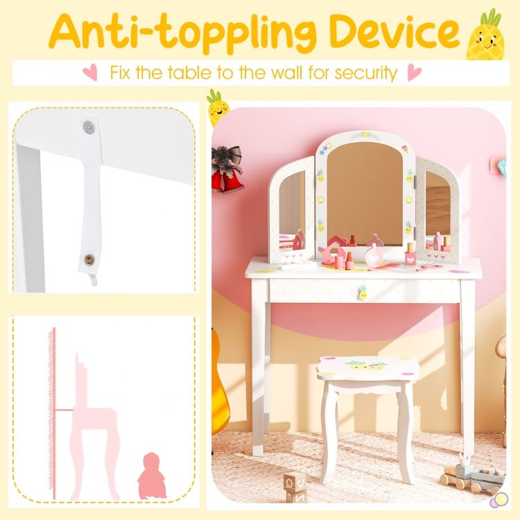 Kids Vanity Table Set with Tri-Folding Mirror and Large Drawer-White