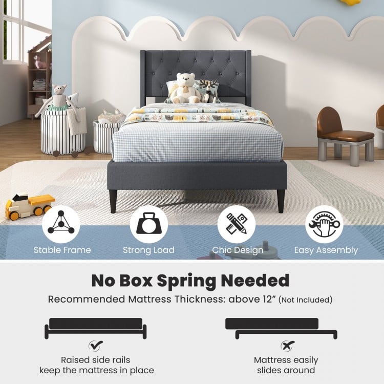 Twin Size Upholstered Platform Bed with Button Tufted Wingback Headboard-Gray
