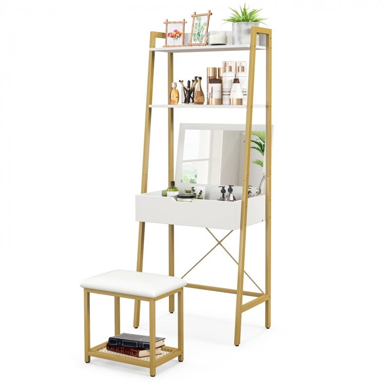 Ladder Vanity Desk Set with Flip Top Mirror and Cushioned Stool-Golden