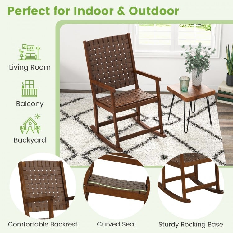 Patio Wood Rocking Chair with PU Seat and Rubber Wood Frame-Brown