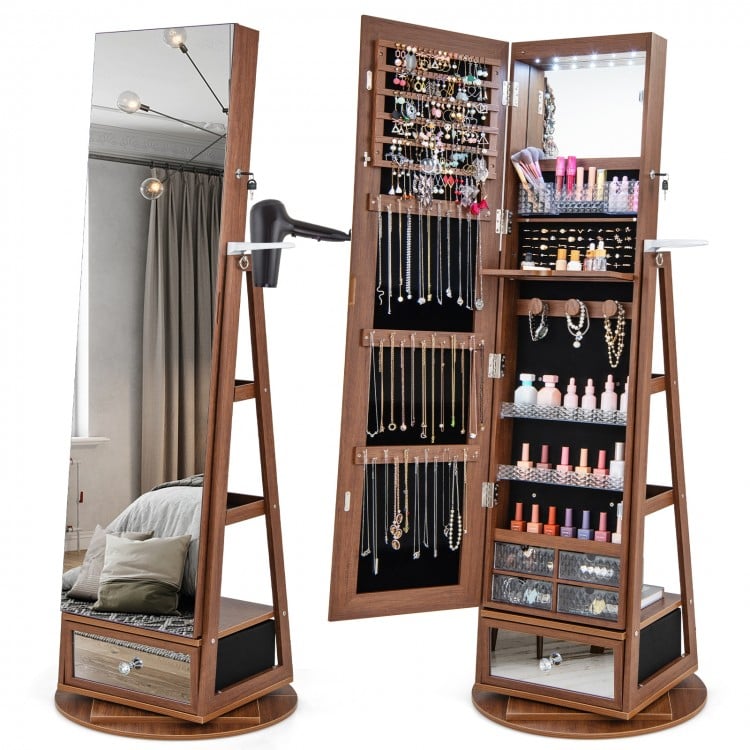 Lockable 360° Swivel Jewelry Cabinet with Full-Length Mirror LED Lights-Black