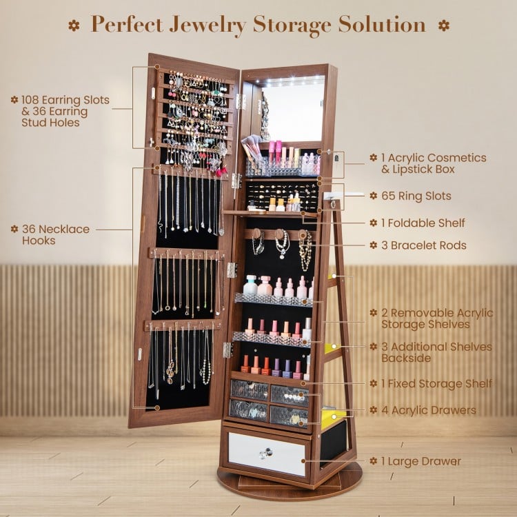 Lockable 360° Swivel Jewelry Cabinet with Full-Length Mirror LED Lights-Black