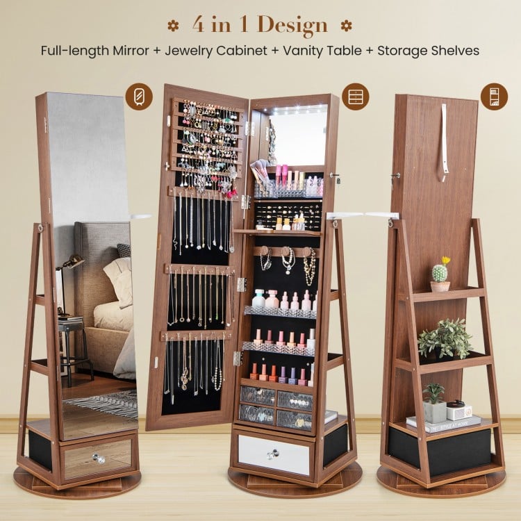 Lockable 360° Swivel Jewelry Cabinet with Full-Length Mirror LED Lights-Black
