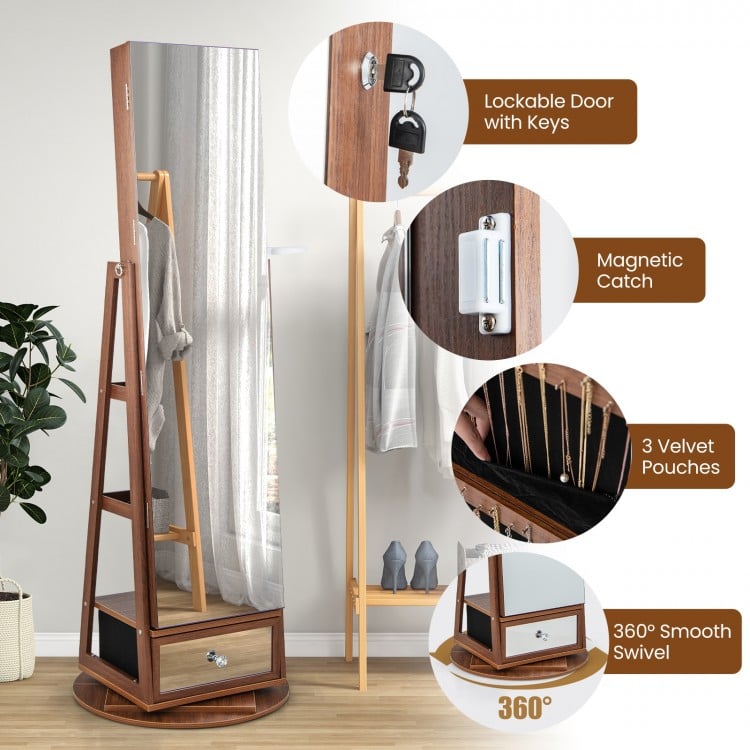 Lockable 360° Swivel Jewelry Cabinet with Full-Length Mirror LED Lights-Black