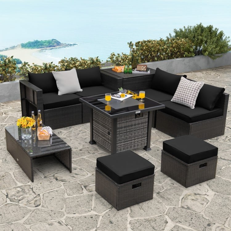 Outdoor 9 Pieces Patio Furniture Set with 50,000 BTU Propane Fire Pit Table