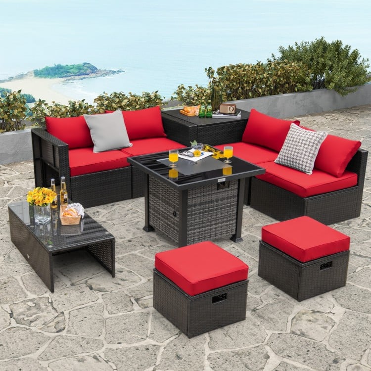 Outdoor 9 Pieces Patio Furniture Set with 50,000 BTU Propane Fire Pit Table
