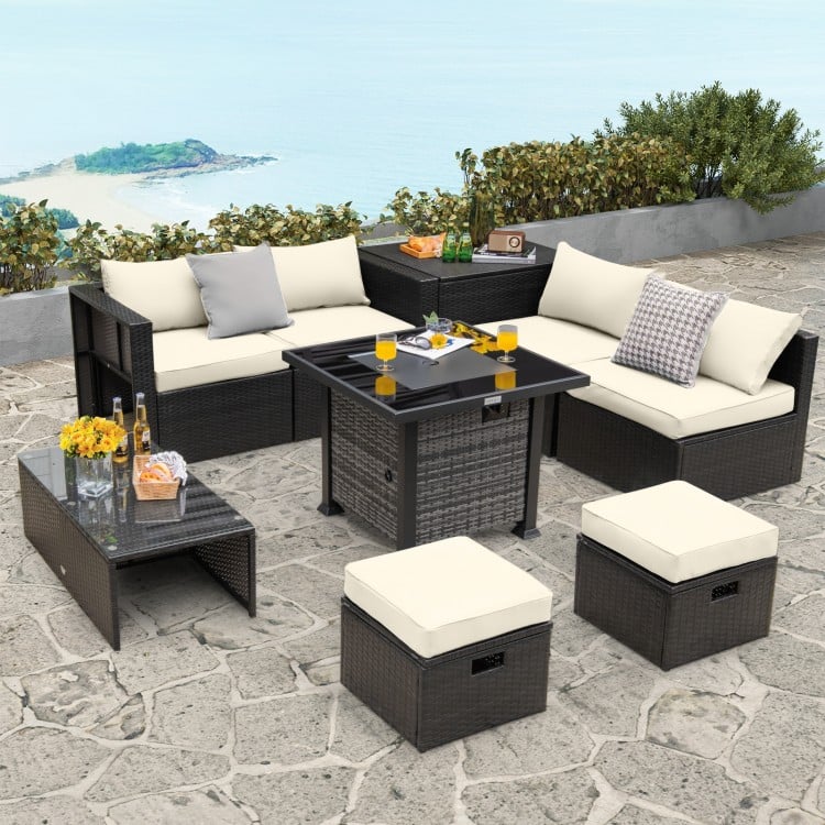 Outdoor 9 Pieces Patio Furniture Set with 50,000 BTU Propane Fire Pit Table