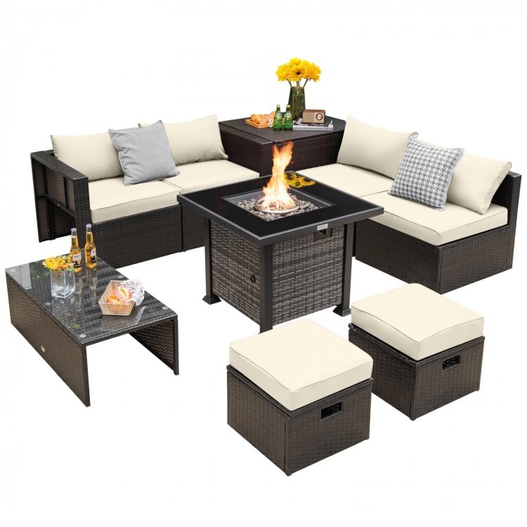 Outdoor 9 Pieces Patio Furniture Set with 50,000 BTU Propane Fire Pit Table