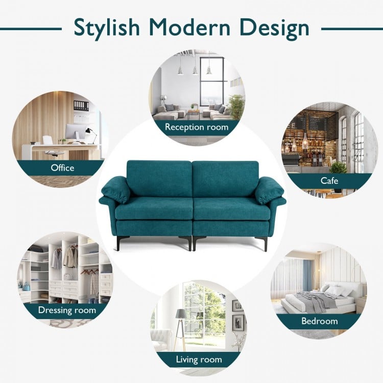 Modern Fabric Loveseat Sofa for with Metal Legs and Armrest Pillows-Peacock Blue