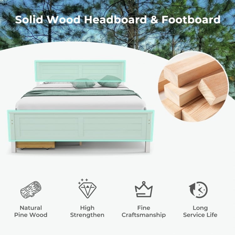 Full Size Bed Frame with Storage Drawers and Solid Wood Headboard-White