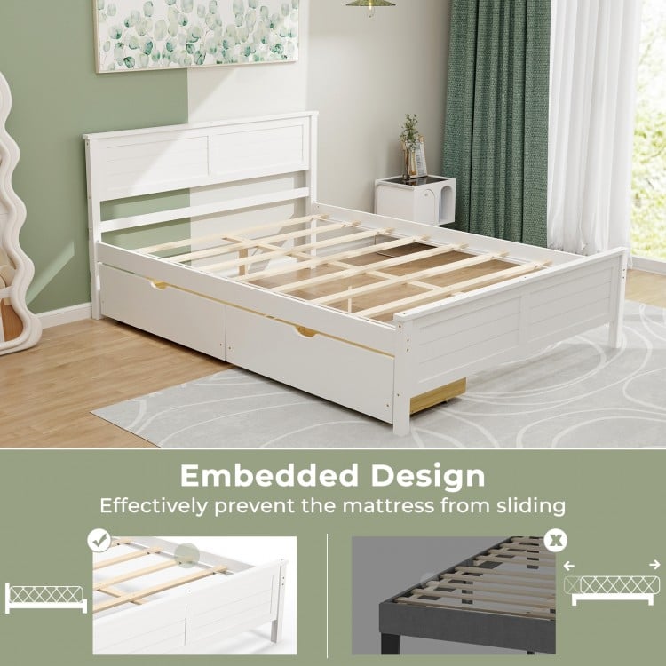 Full Size Bed Frame with Storage Drawers and Solid Wood Headboard-White