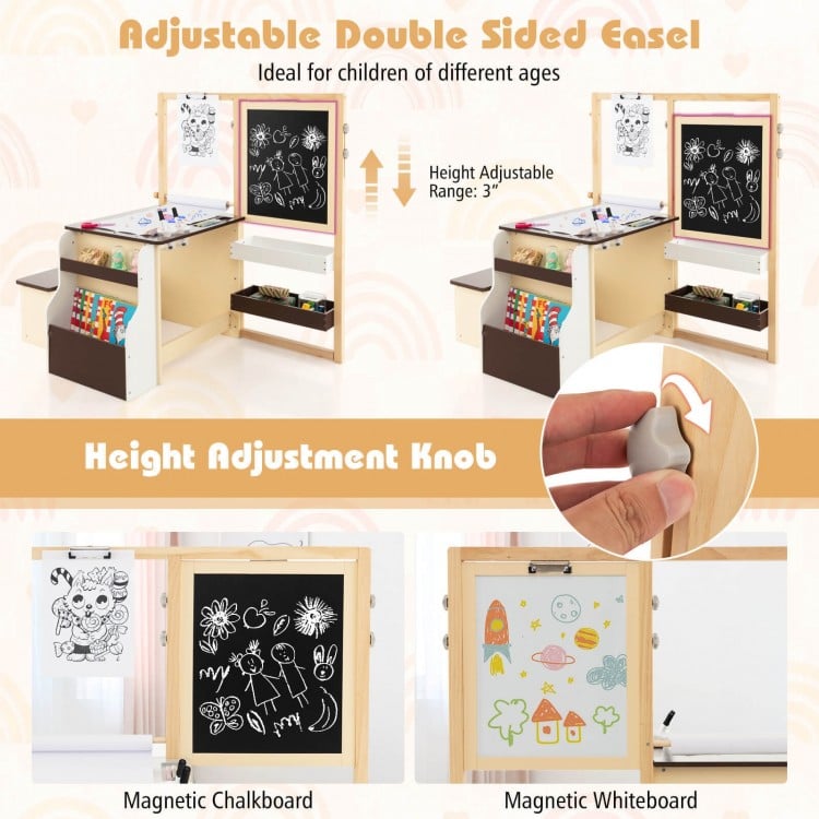 Kids Art Center Wooden Table Bench Set-Brown