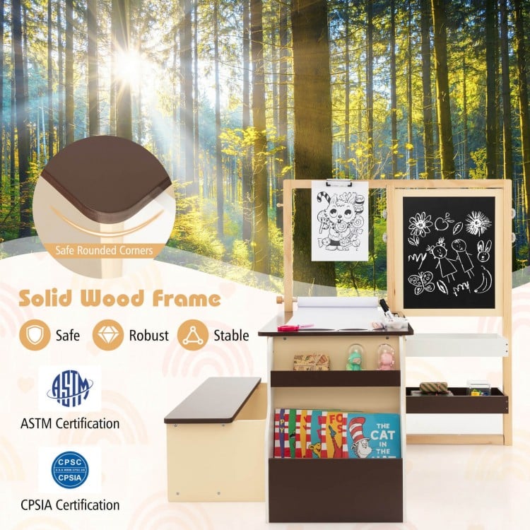 Kids Art Center Wooden Table Bench Set-Brown