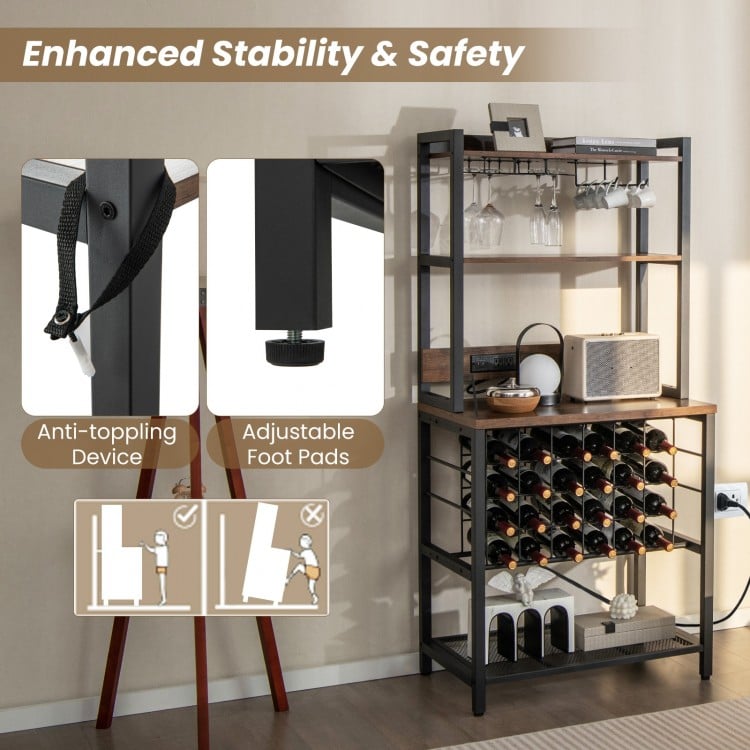 Wine Bar Cabinet Wine Rack with 4 Tier Storage Shelves and Glass Holders-Brown