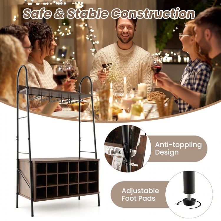Baker's Rack with Detachable Wine Rack and 5 Rows of Stemware Holder-Rustic Brown