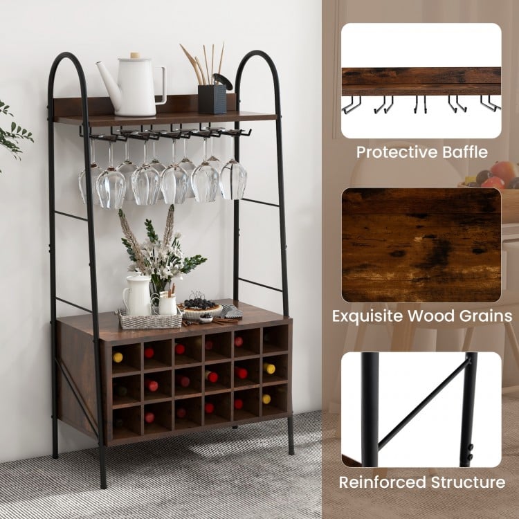 Baker's Rack with Detachable Wine Rack and 5 Rows of Stemware Holder-Rustic Brown