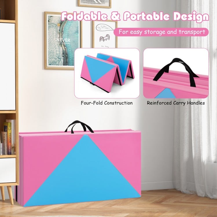 8 Feet PU Leather Folding Gymnastics Mat with Hook and Loop Fasteners-Pink & Blue
