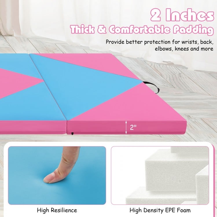 8 Feet PU Leather Folding Gymnastics Mat with Hook and Loop Fasteners-Pink & Blue