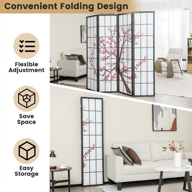 6 Feet Folding Decorative Oriental Privacy Screen with Plum Blossom Design-White
