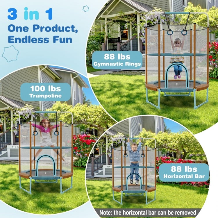 60 Inch Trampoline with Gymnastic Bar and Rings for Kids