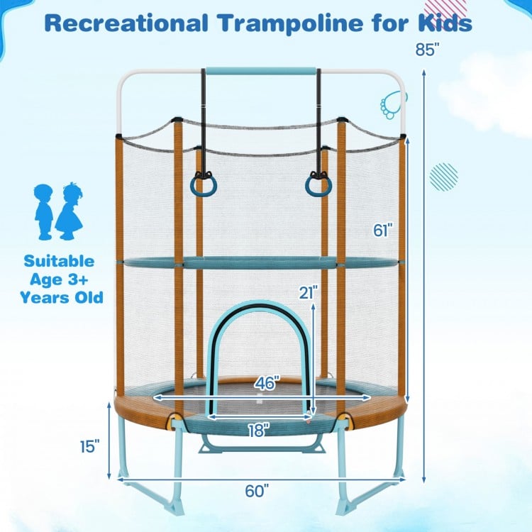 60 Inch Trampoline with Gymnastic Bar and Rings for Kids