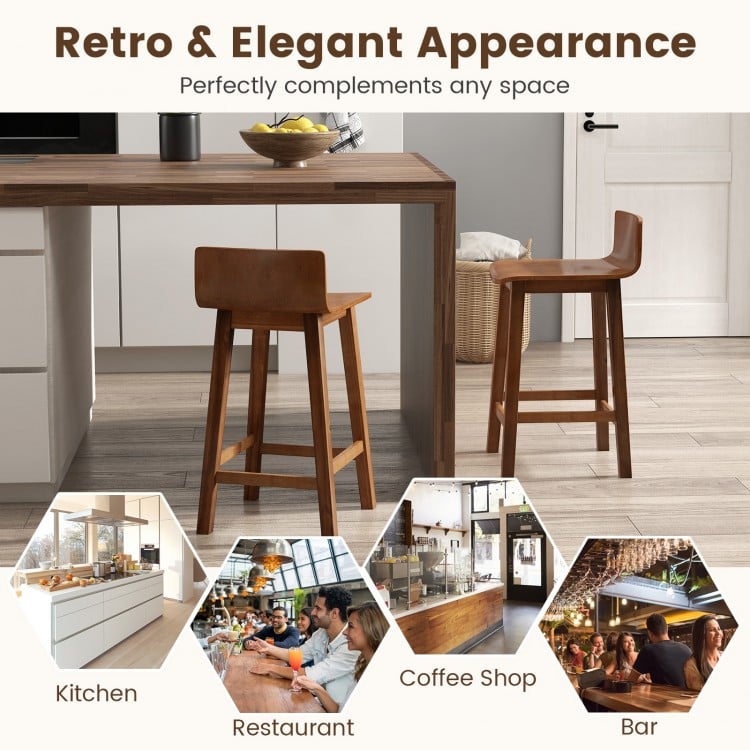 Wood Bar Stools Set of 2 with Solid Back and Seat-Brown