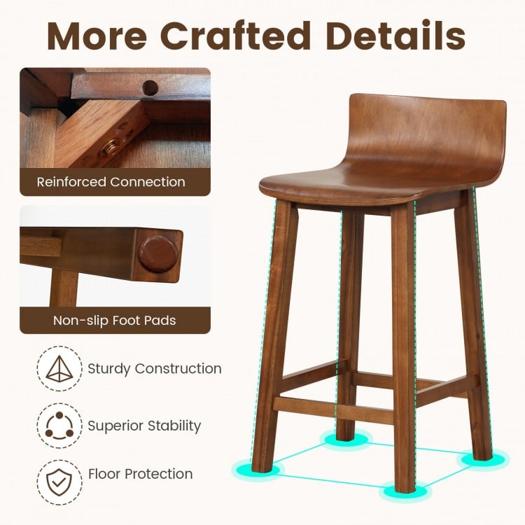Wood Bar Stools Set of 2 with Solid Back and Seat-Brown