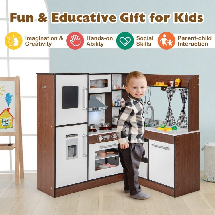 Wooden Corner Play Kitchen with Water Circulation System and Lights
