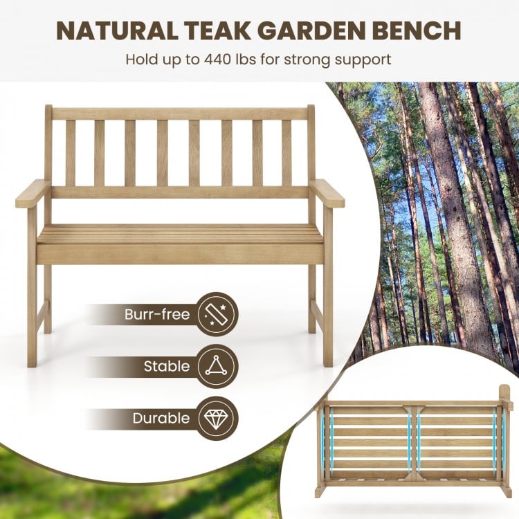 Outdoor Indonesia Teak Wood Garden Bench 2-Person with Backrest and Armrests