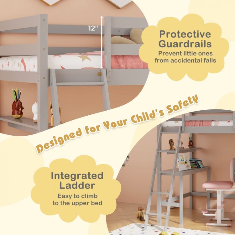 Twin Size Loft Bed with Desk and Bookshelves for Kids and Teens-Gray