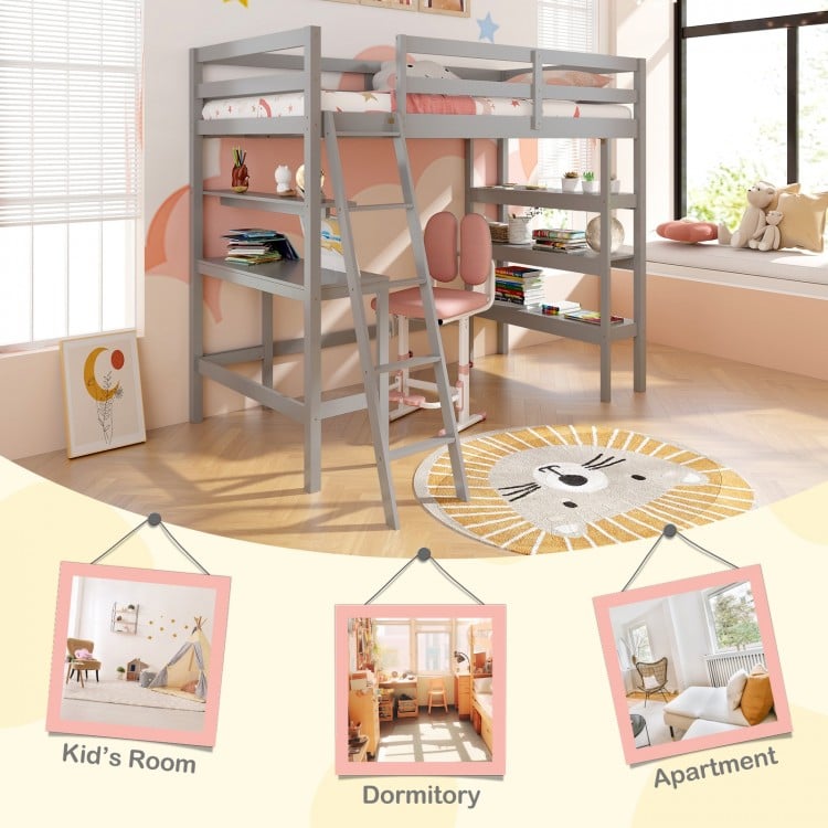 Twin Size Loft Bed with Desk and Bookshelves for Kids and Teens-Gray