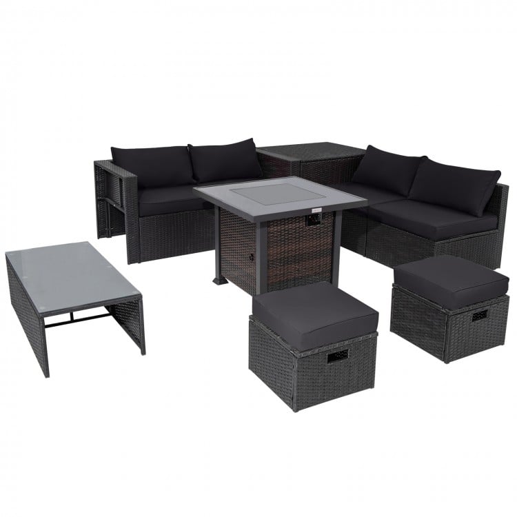 9 Pieces Patio Furniture Set with 32” Fire Pit Table and 50000 BTU Square Propane Fire Pit