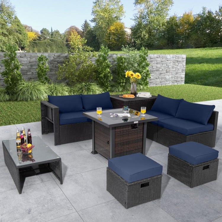 9 Pieces Patio Furniture Set with 32” Fire Pit Table and 50000 BTU Square Propane Fire Pit