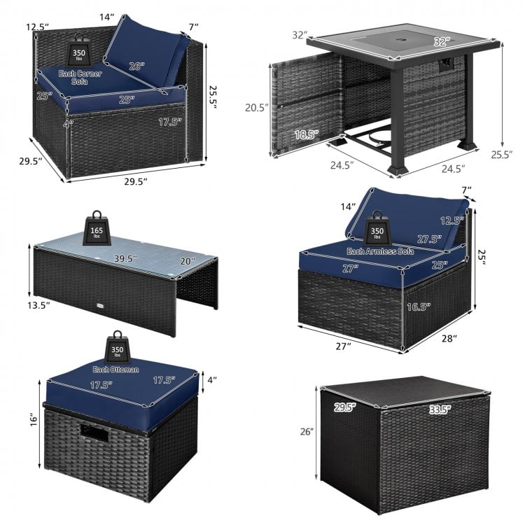 9 Pieces Patio Furniture Set with 32” Fire Pit Table and 50000 BTU Square Propane Fire Pit