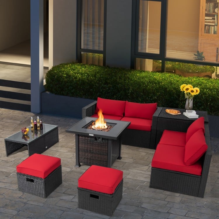 9 Pieces Patio Furniture Set with 32” Fire Pit Table and 50000 BTU Square Propane Fire Pit
