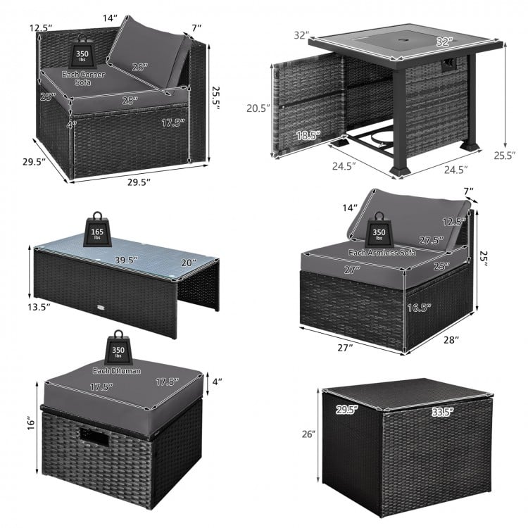 9 Pieces Patio Furniture Set with 32” Fire Pit Table and 50000 BTU Square Propane Fire Pit