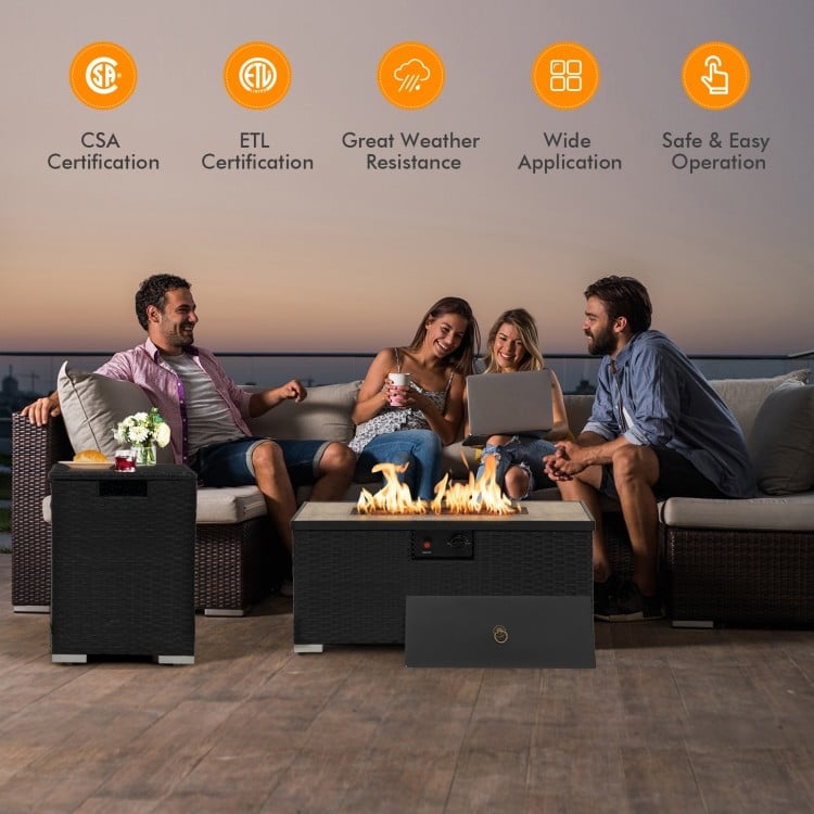 32 Inch x 20 Inch Propane Rattan Fire Pit Table Set with Side Table Tank and Cover