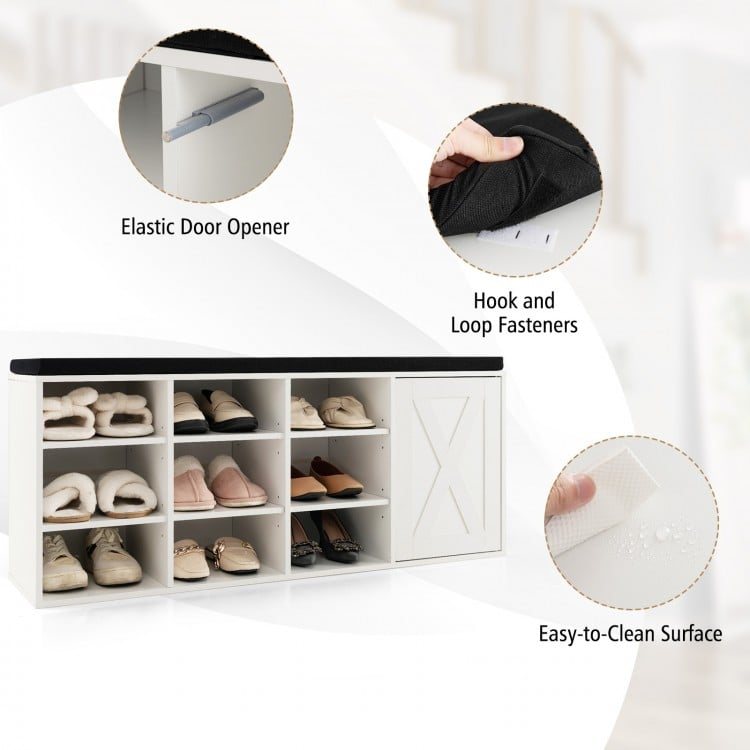 9-cube Shoe Bench with Adjustable Shelves and Removable Padded Cushion-White