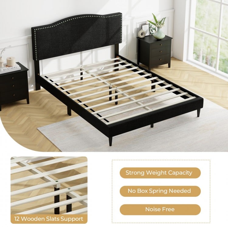 Queen Size Upholstered Bed Frame with Nailhead Trim Headboard-Queen Size