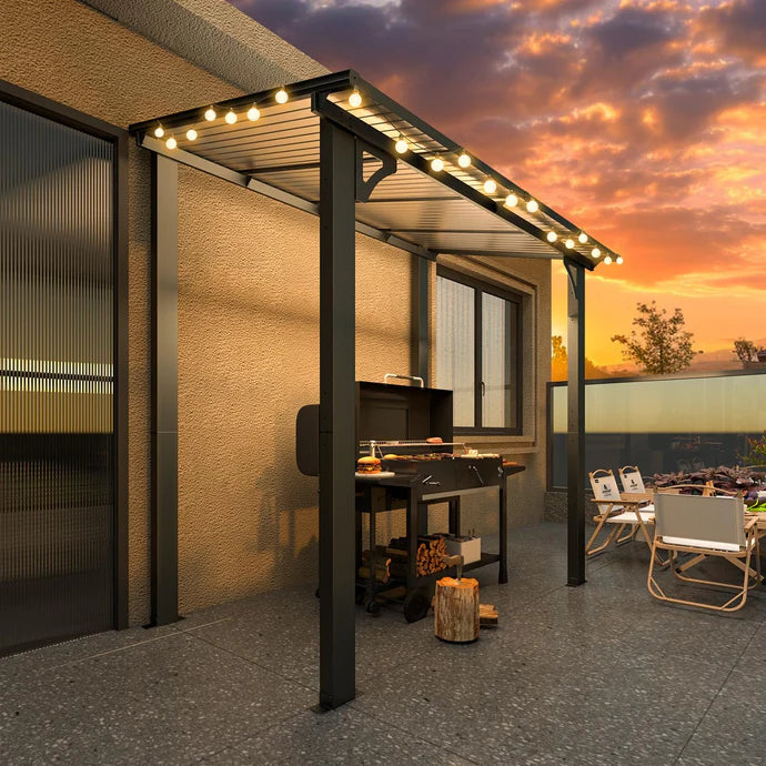 AECOJOY 8' x 5' Wall-Mounted Gazebo Pergola – Hardtop Polycarbonate Roof Patio Cover