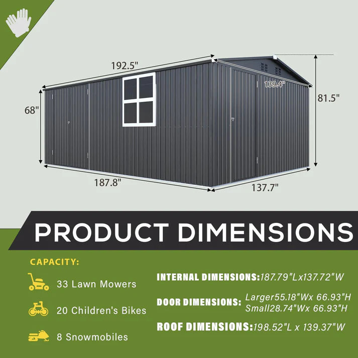 16' x 12' Outdoor Metal Storage Shed | Heavy-Duty Garden Shed with Double Doors, Dark Gray