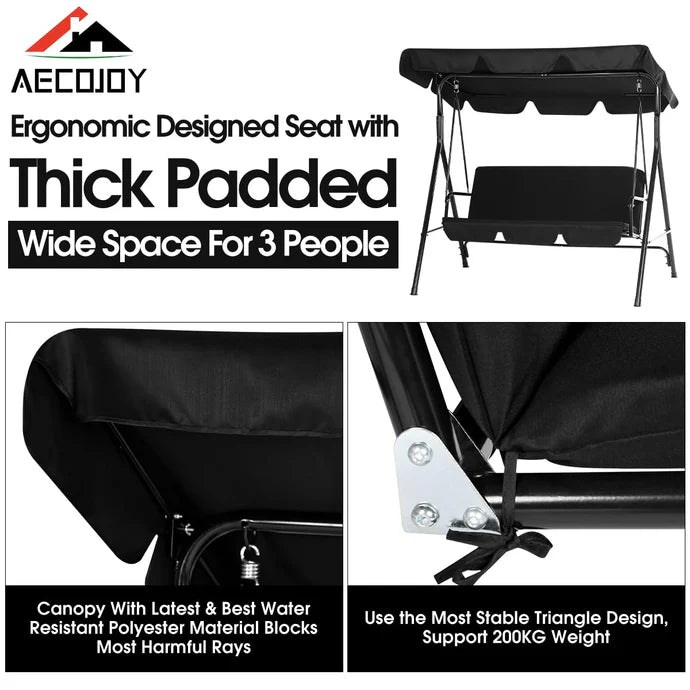 AECOJOY 3-Seat Outdoor Patio Swing Chair – Heavy-Duty Canopy Swing Bench for Backyard, Porch & Garden